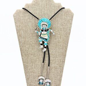 Vintage Zuni Marked Sterling Silver Inlaid Multi Stone  Kachina Dancer Bolo Tie